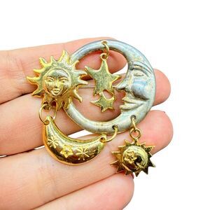 Vintage Celestial Brooch  sun Moon and stars Pin, Gold Tone